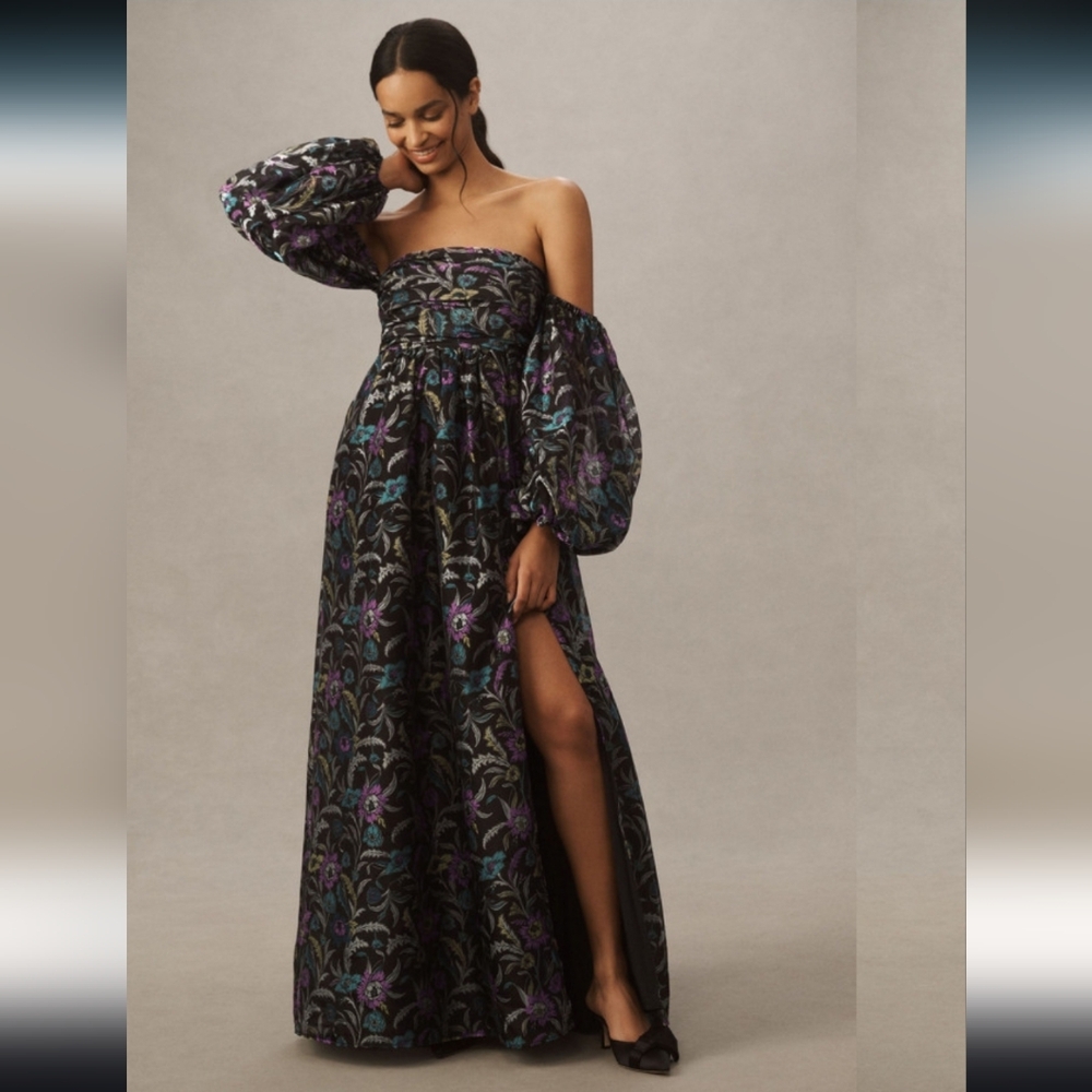 BHLDN Elegant Black Floral Off-Shoulder Dress